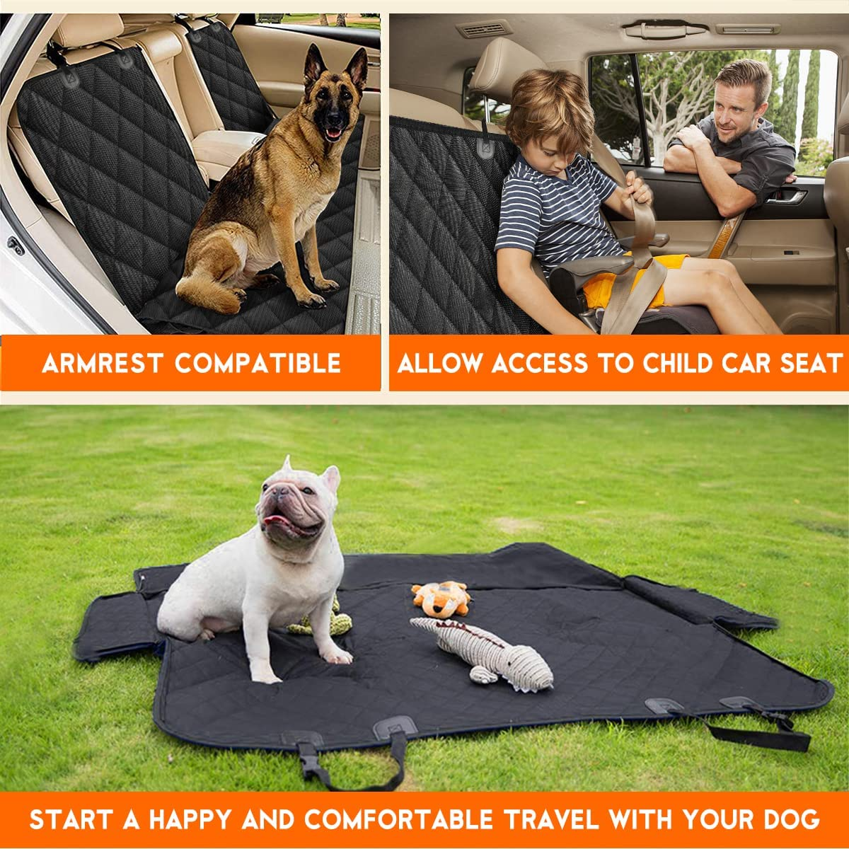 Waterproof Dog Car Seat Cover, Bench Car Seat Protector For Dogs , Non-Slip Seat Cover Fits Middle Armrest for Most Cars Trucks Suvs - Black